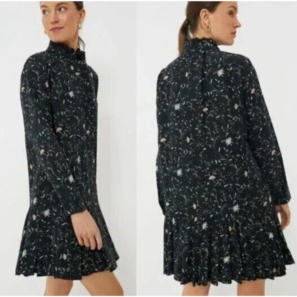 Tuckernuck Campden Vine Tate Black Long Sleeve Pleated Mini Dress Size L